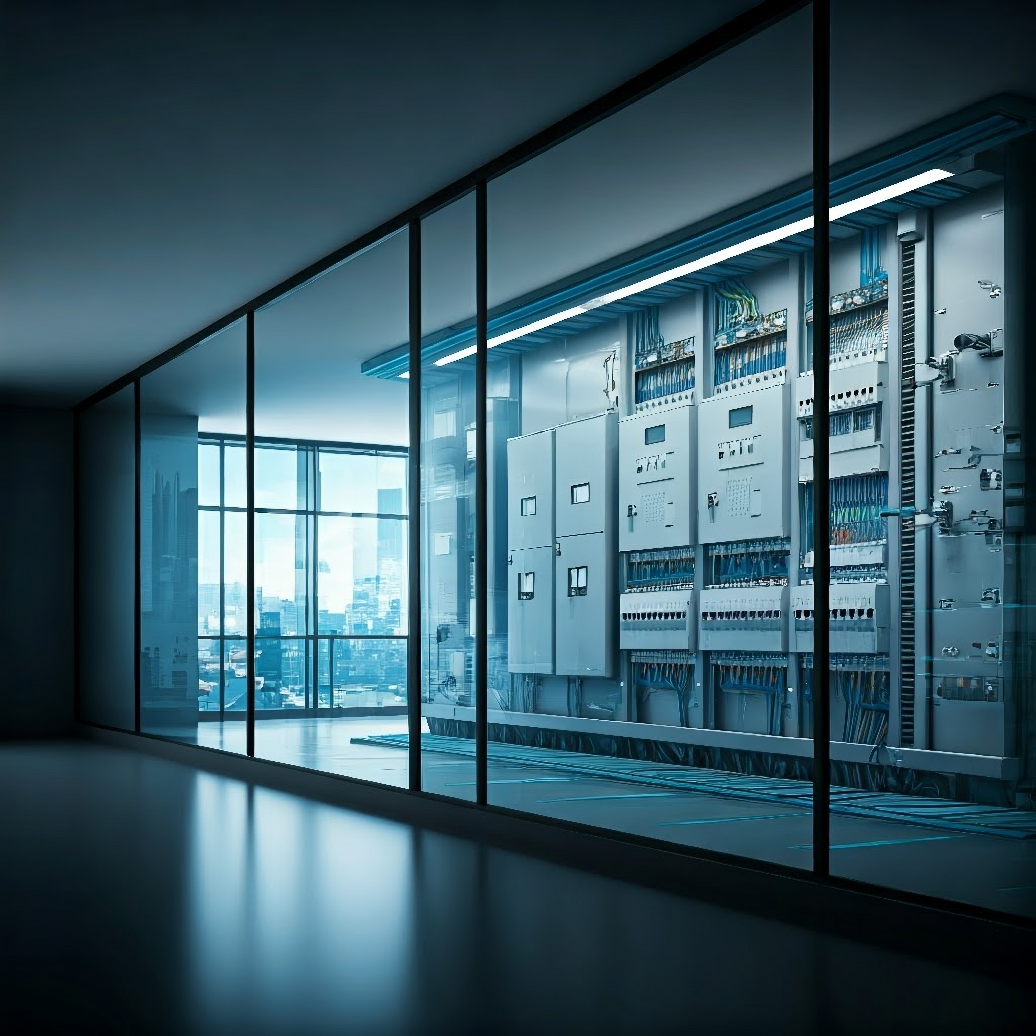 Electrical control cabinets behind a glass wall in an office building