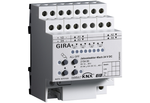 Der Gira 2154 00 ist ein Beispiel für einen 4-Kanal 24VDC Jalousieaktor.
