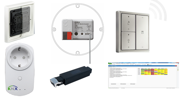 Nur einige der KNX RF Produkte, die jetzt verfügbar sind. Von links nach rechts (oben): der selbstversorgte KNX RF Lichtschalter der ZF Friedrichshafen AG, der Gira KNX RF/TP Medienkoppler, der Jung KNX RF Wandsender F40; (unten): der MDT RF+ Funk-Steckdosen-/Schaltaktor, die Elsner KNX RF-MSG-ST Motorsteuerung und der Tapko Technologies KNX RF Feldstärke-Analysator.