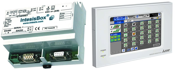 Das IntesisBox ME-AC-KNX Gateway (links) wurde in Zusammenarbeit mit Mitsubishi Electric entwickelt, um die Überwachung und bidirektionale Steuerung aller Parameter und Funktionen von Mitsubishi Electric Klimageräten mit Mitsubishi G-50A, GB-50A oder AG-150A (rechts) in KNX Installationen zu ermöglichen.