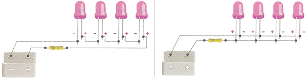 LEDs in Reihe (links) und parallel (rechts) geschaltet