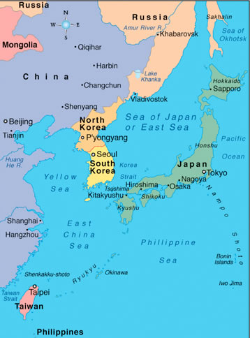 Korea im Verhältnis zu seinen Nachbarn.