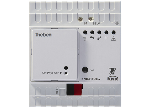 Die Theben KNX-OT-Box dient als Schnittstelle zwischen Heizkessel mit OT-Bus und KNX.