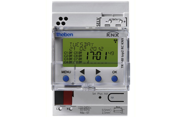 Der Theben TR 648 Top2 RC KNX ist ein Beispiel für eine hutschienenmontierbare digitale Zeitschaltuhr.