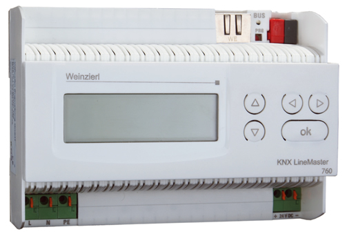 Der Weinzierl KNX LineMaster vereint die wesentlichen Funktionen einer KNX-Buslinie: KNX Spannungsversorgung mit Drossel, KNX IP Router und KNX IP Schnittstelle.