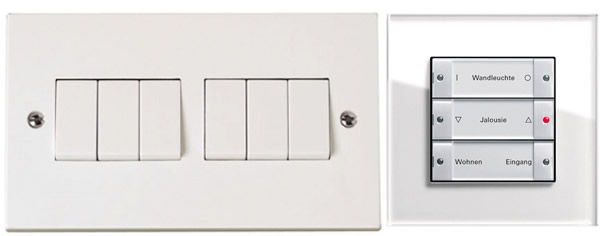 (Links) ein traditioneller Sechsfachschalter und (rechts) eine KNX Alternative (andere Sprachen sind verfügbar).