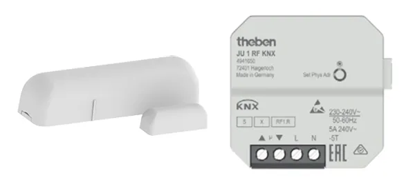 the Zennio WinDoor RF v2 KNX RF magnetic contact for doors and windows and the Theben JU 1 RF flush-mounted blind actuator